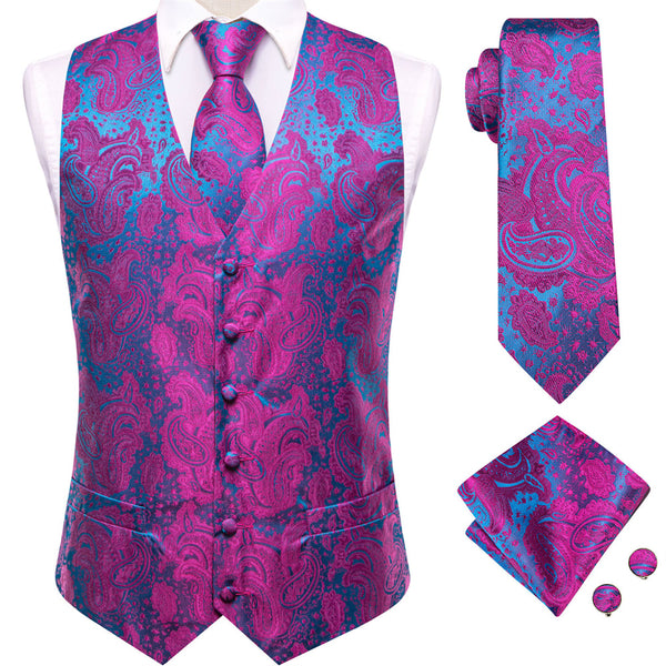 Ties2you Teal Purple Paisley Pattern V-Neck Silk Vest Necktie Set
