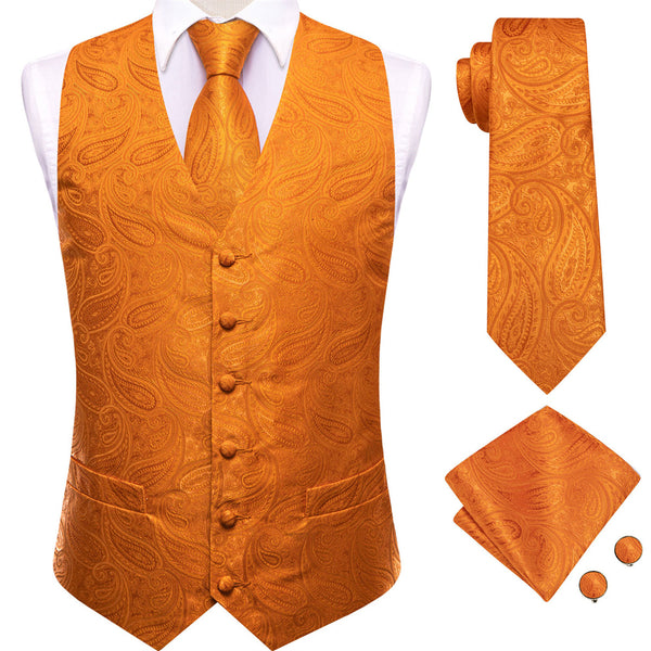 Ties2you Orange Paisley Pattern V-Neck Silk Vest Necktie Set