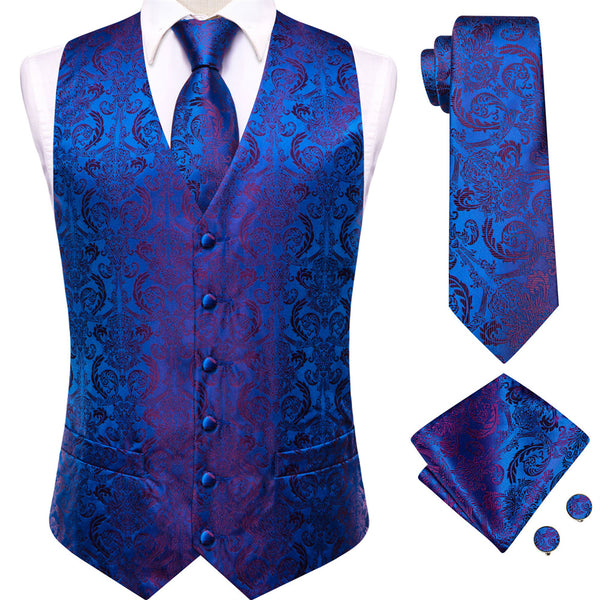 Ties2you Blue Red Floral Pattern V-Neck Silk Vest Necktie Set