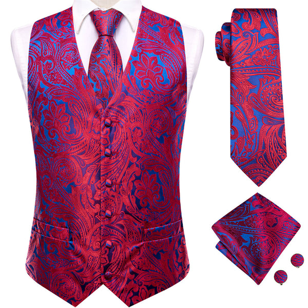 Ties2you Red Blue Floral Pattern V-Neck Silk Vest Necktie Set