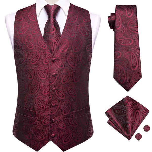 Ties2you Burgundy Paisley Pattern V-Neck Silk Vest Necktie Set
