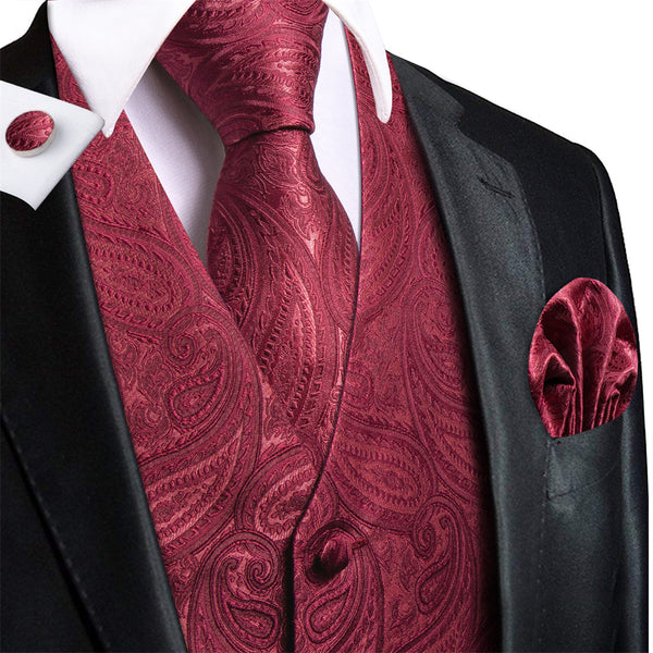 Ties2you  Mens Vest Burgundy Paisley Pattern V-Neck Silk Vest Necktie Set