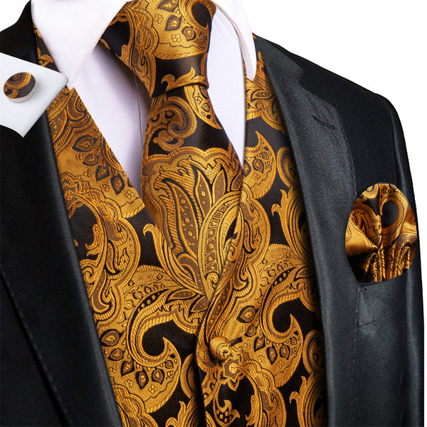 Ties2you Black Golden Paisley Pattern V-Neck Silk Vest Necktie Set