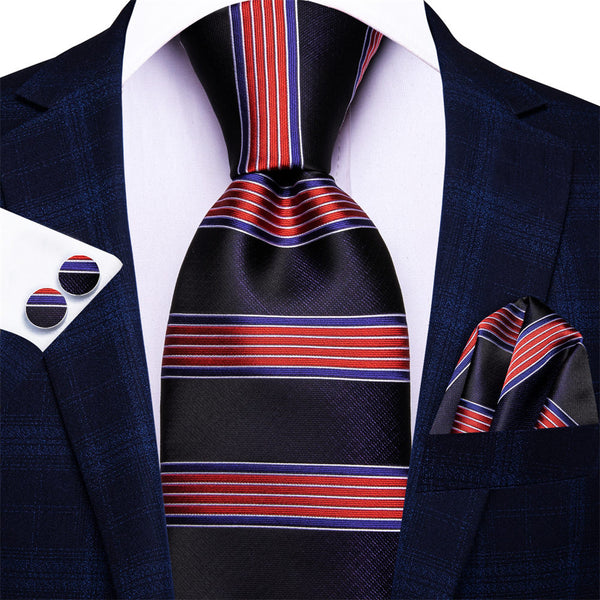 Ties2you Black Red Striped Necktie Pocket Square Cufflinks Set