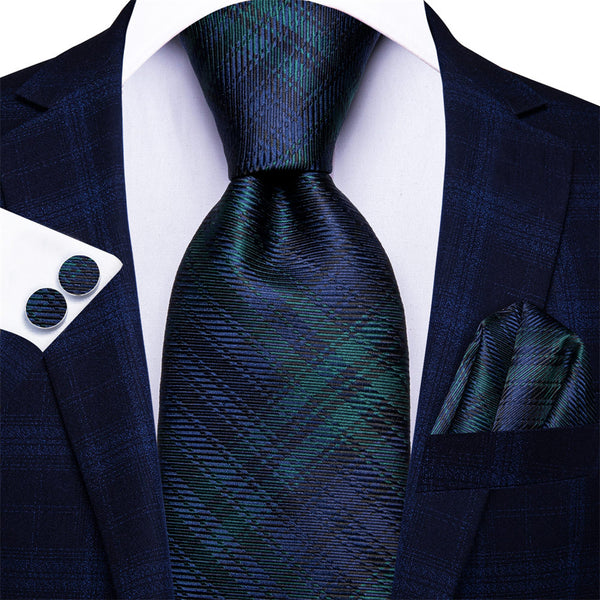 Ties2you Deep Blue Green Plaid Tie Pocket Square Cufflinks Set