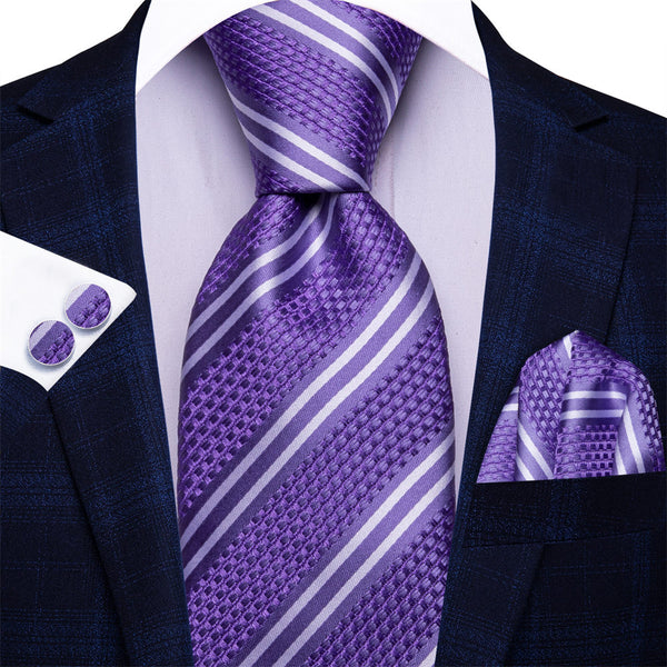 Ties2you Royal Purple Striped White Men's Silk Tie Pocket Square Cufflinks Set