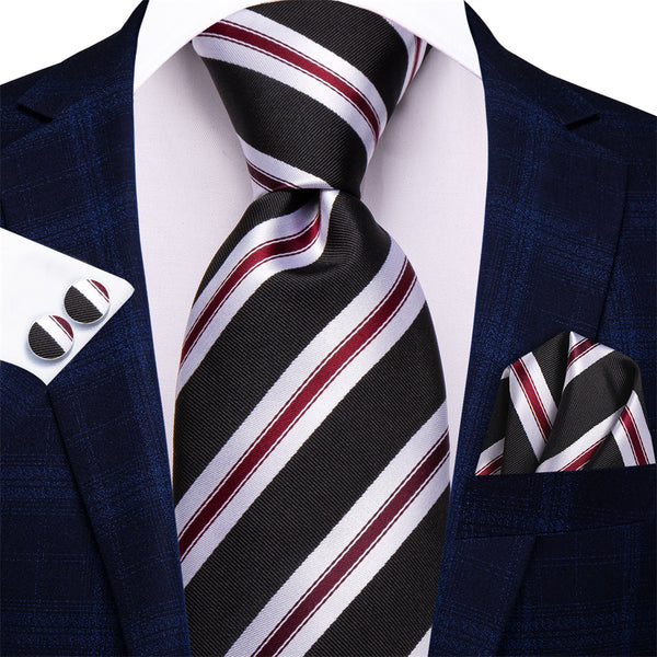 Ties2you Black Tie Red White Striped Men's Tie Hanky Cufflinks Set