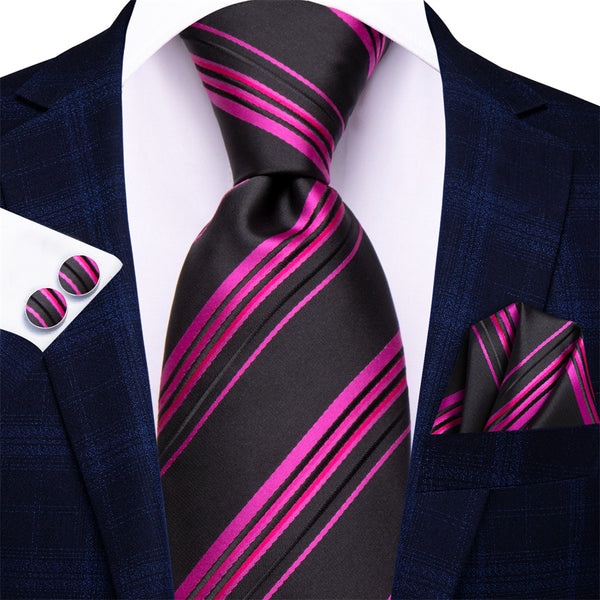 Ties2you Black Purple Striped Men's Tie Pocket Square Cufflinks Set