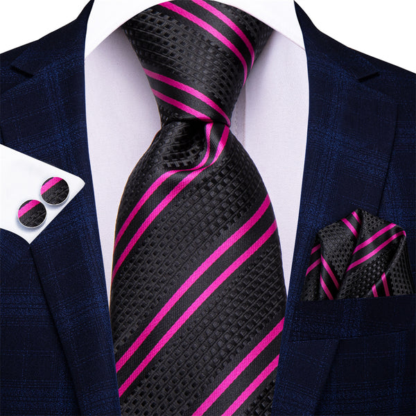 Ties2you Black Purple Striped Men's Necktie Hanky Cufflinks Set