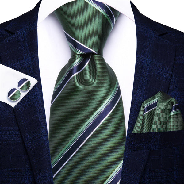 Ties2you Hunter Green Blue Striped Men's Tie Hanky Cufflinks Set