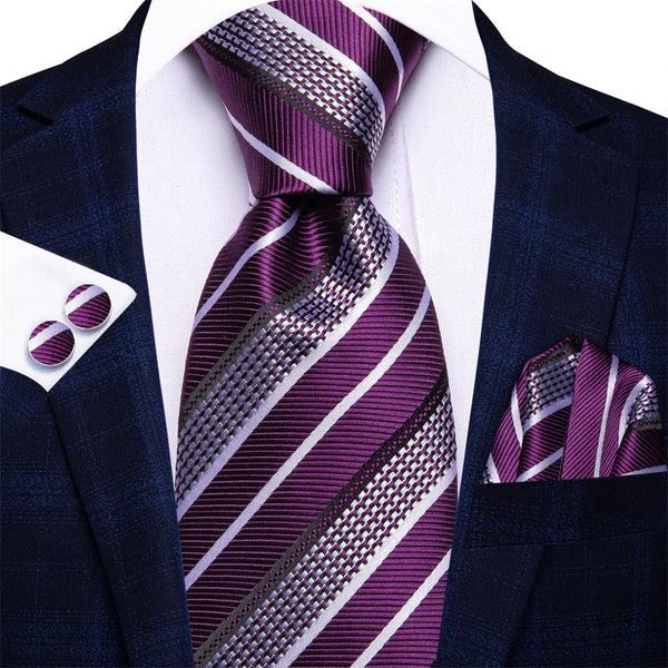 Ties2you Purple White Striped Men's Necktie Hanky Cufflinks Set