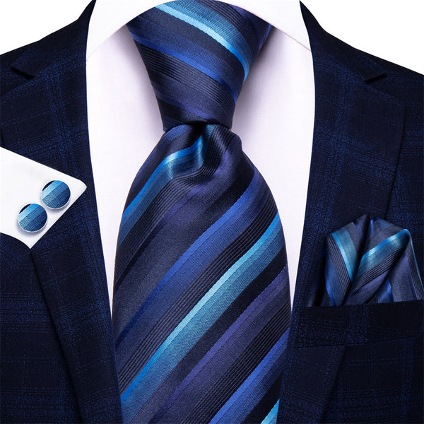 Ties2you Blue Striped Men's Necktie Pocket Square Cufflinks Set