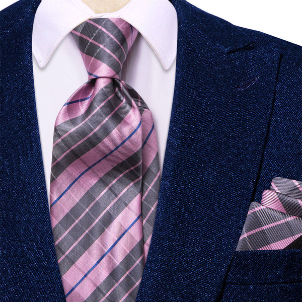 Ties2you Pink Grey Plaid Men's Tie Pocket Square Cufflinks Set