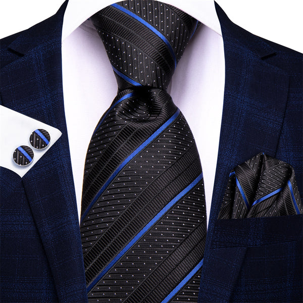 Ties2you Black Tie Blue Striped Men's Tie Hanky Cufflinks Set