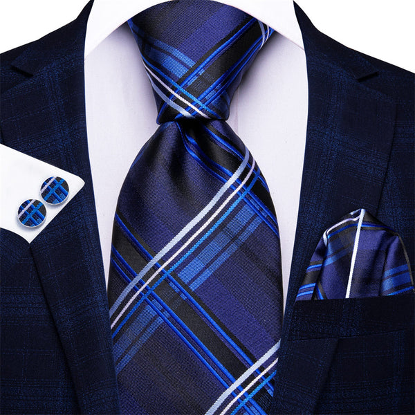 Ties2you Dark Blue White Plaid Tie Pocket Square Cufflinks Set