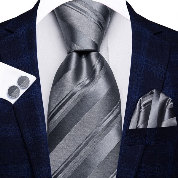 Ties2you Davys Grey Striped Men's Tie Pocket Square Cufflinks Set