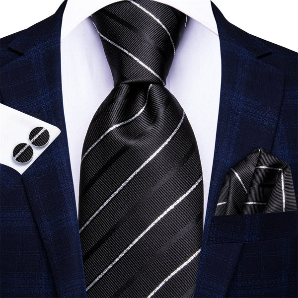 Ties2you Black White Striped Silk Men's Necktie Pocket Square Cufflinks Set