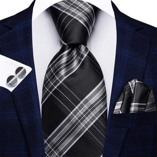 Ties2you Black Grey Plaid Men's Necktie Pocket Square Cufflinks Set
