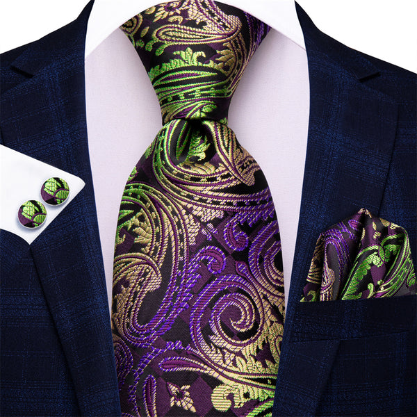 Ties2you Purple Green Golden Paisley Men's Tie Hanky Cufflinks Set