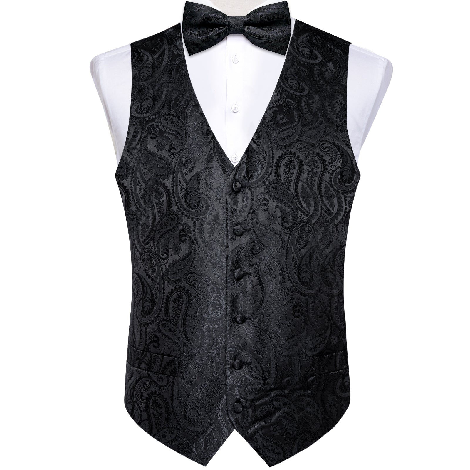 Mens Black Boho Paisley Patterned Vest Waistcoat & Matching Bow Tie main image 1