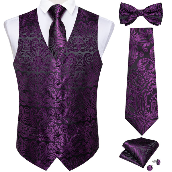 Black Purple Paisley Jacquard Silk Men's Vest Hanky Cufflinks Bowtie Necktie Set