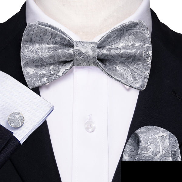 Silver Grey Paisley Self-tied Bow Tie Hanky Cufflinks Set