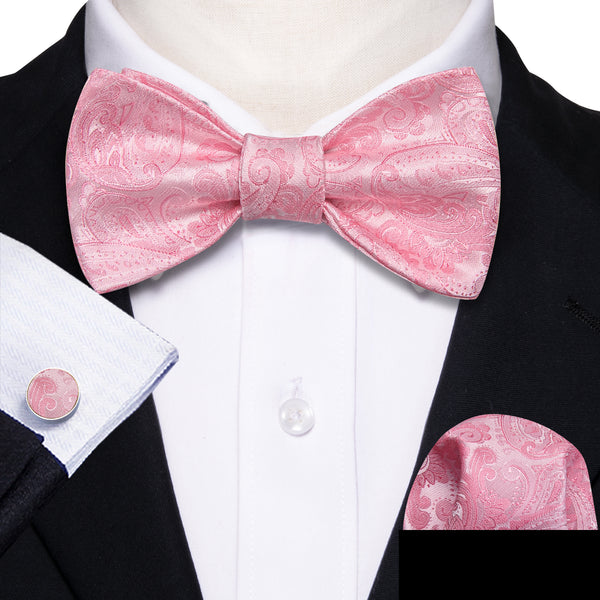 Petal Pink Paisley Self-tied Bow Tie Hanky Cufflinks Set