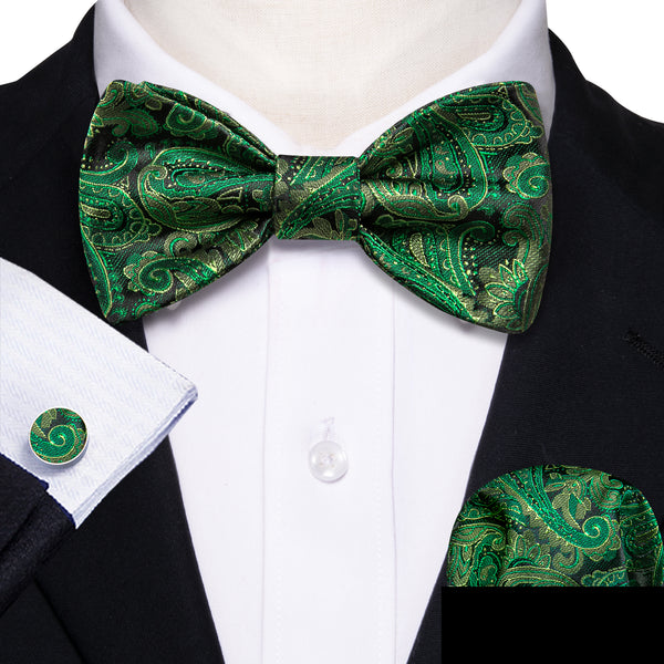 Emerald Green Paisley Self-tied Bow Tie Hanky Cufflinks Set