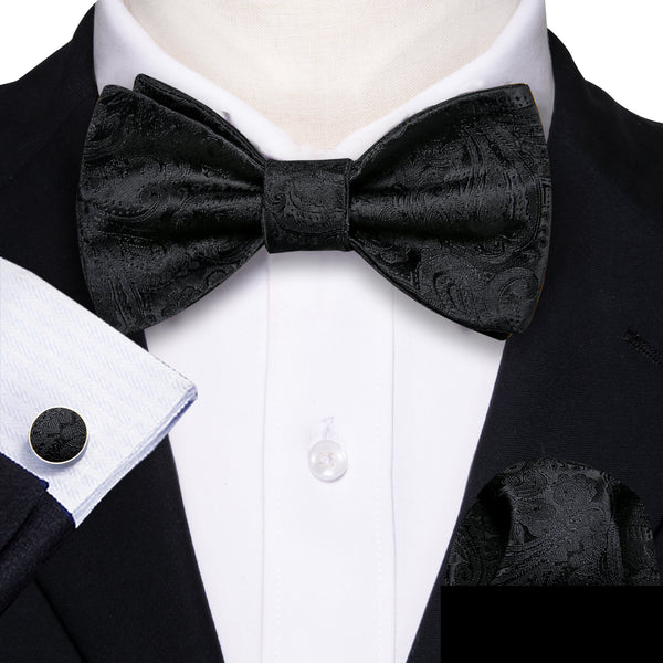 Classic Black Paisley Self-tied Bow Tie Hanky Cufflinks Set