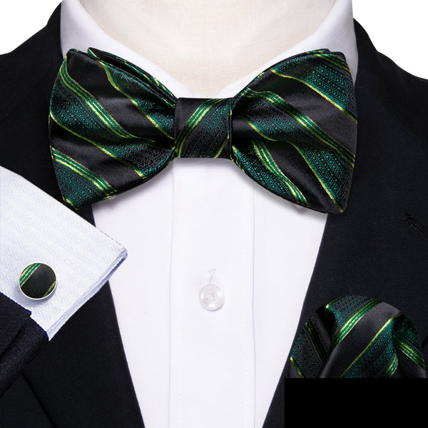 Black Green Striped Self-tied Bow Tie Hanky Cufflinks Set