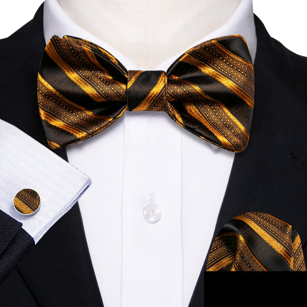 Black Gold Striped Self-tied Bow Tie Hanky Cufflinks Set