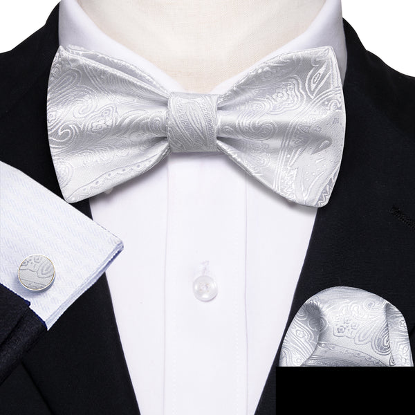 Silver White Paisley Self-tied Bow Tie Hanky Cufflinks Set