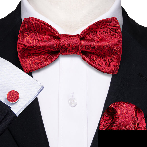 Classic Red Paisley Self-tied Christmas Bow Tie Hanky Cufflinks Set