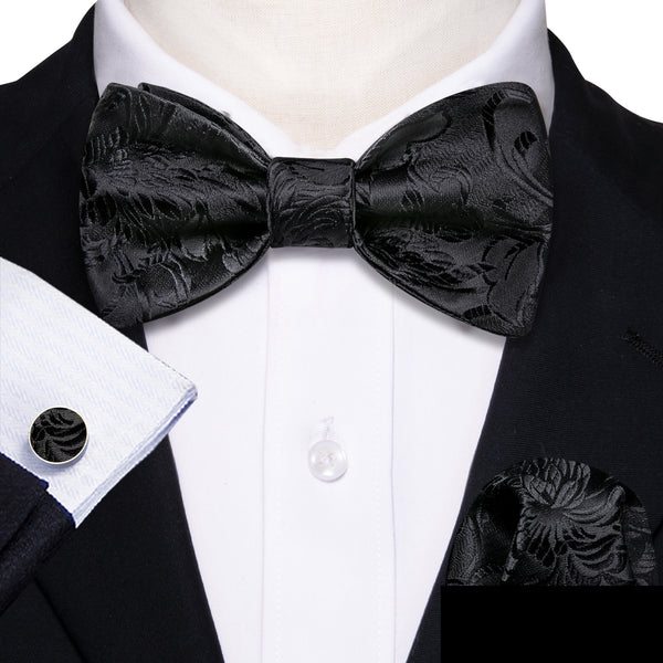 New Black Floral Self-tied Bow Tie Hanky Cufflinks Set