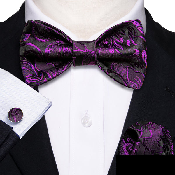 Black Purple Floral Self-tied Bow Tie Hanky Cufflinks Set