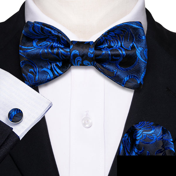Royal Blue Floral Self-tied Bow Tie Hanky Cufflinks Set