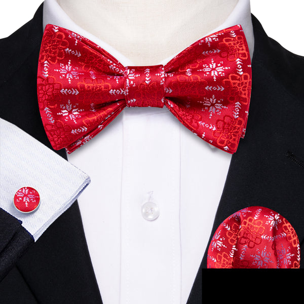 Red White Snowflakes Men's Self-tied Christmas Bowtie Pocket Square Cufflinks Set