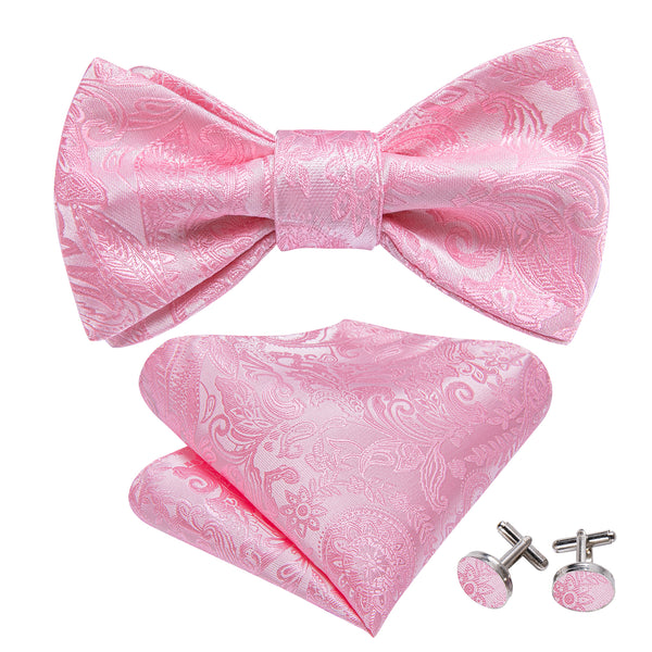 Pink Paisley Flower Men's Pre-tied Bowtie Pocket Square Cufflinks Set