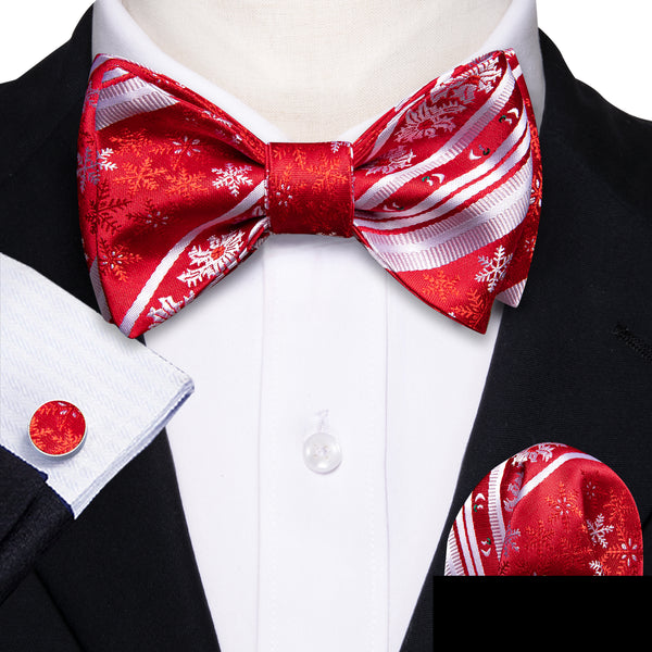 Red White Novelty Men's Self-tied Christmas Bowtie Pocket Square Cufflinks Set