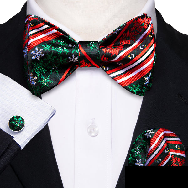 Red Green Novelty Men's Self-tied Christmas Bowtie Pocket Square Cufflinks Set