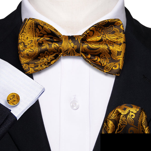 Golden Brown Paisley Self-tied Bow Tie Pocket Square Cufflinks Set