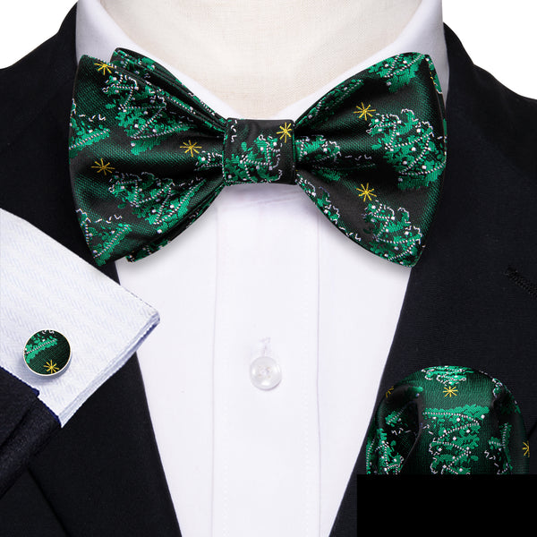 Green White Trees Self-tied Bow Tie Pocket Square Cufflinks Set