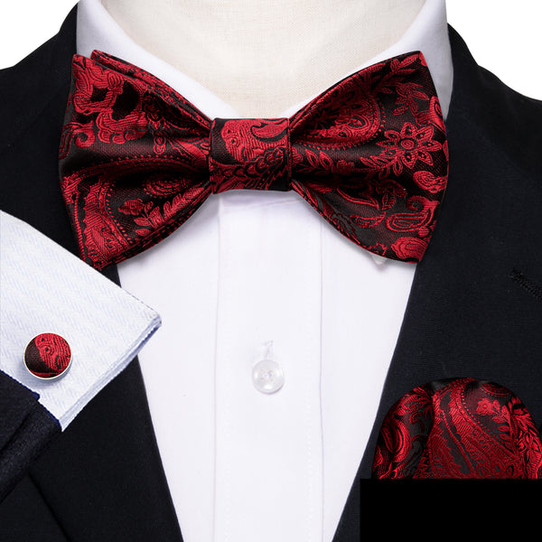 Red Black Paisley Self-tied Bow Tie Pocket Square Cufflinks Set