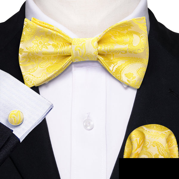 Bright Yellow Paisley Self-tied Bow Tie Pocket Square Cufflinks Set