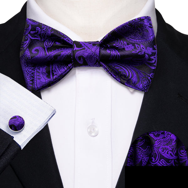 Purple Black Paisley Self-tied Bow Tie Pocket Square Cufflinks Set
