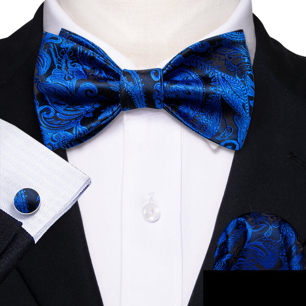 Klein Blue Black Paisley Self-tied Bow Tie Pocket Square Cufflinks Set