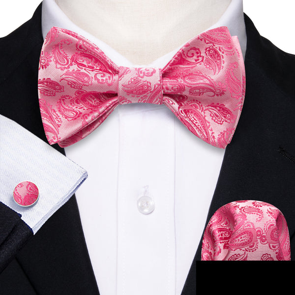 Petal Pink Paisley Self-tied Bow Tie Pocket Square Cufflinks Set