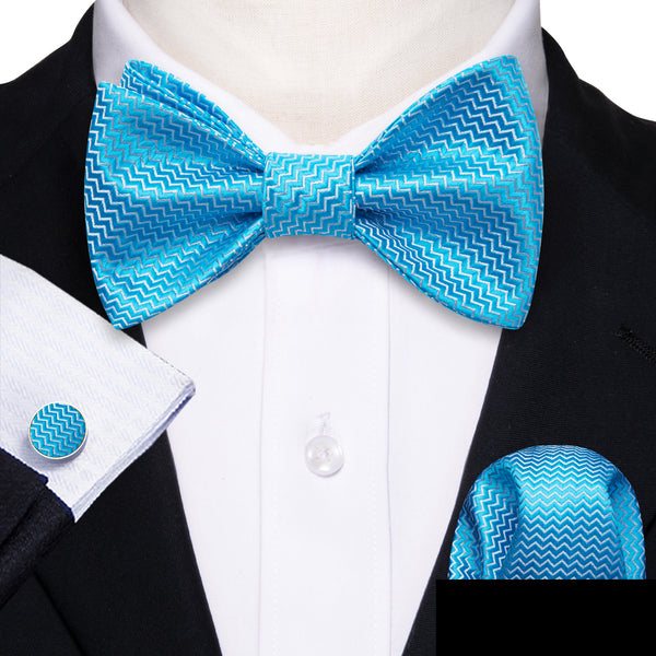 Sky Blue Novelty Self-tied Bow Tie Pocket Square Cufflinks Set