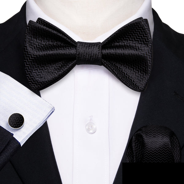 Black Novelty Self-tied Bow Tie Pocket Square Cufflinks Set