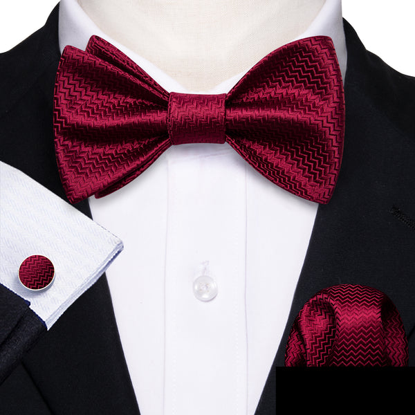 Burgundy Novelty Self-tied Bow Tie Pocket Square Cufflinks Set